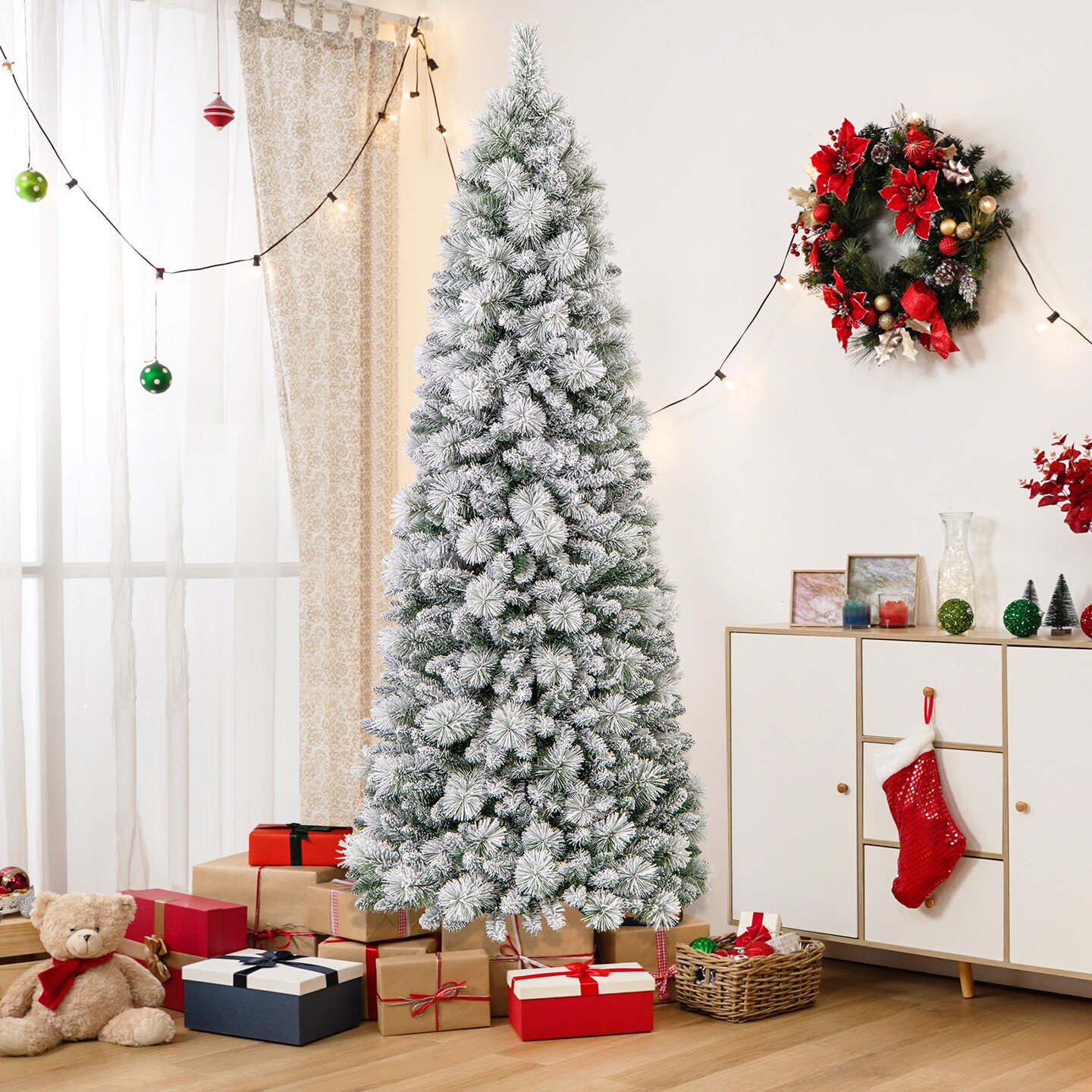 Flocked Christmas Tree with Pine Needles and LED Lights