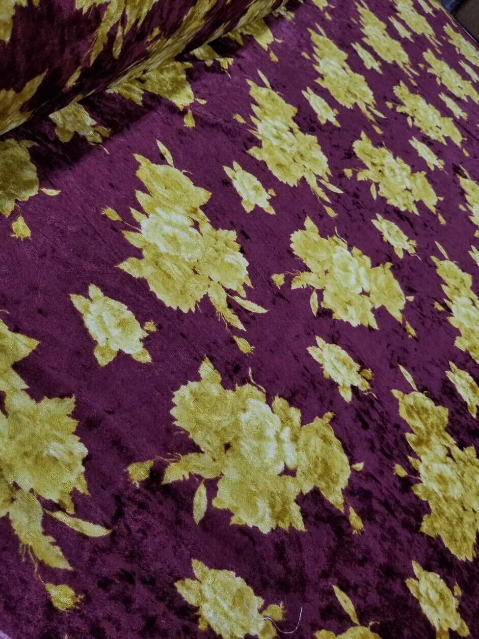 1 Yard Merlot Solar Gold Crushed Velvet Floral Stretch Fabric for Costumes Drapes Apparel 60 Inch Width