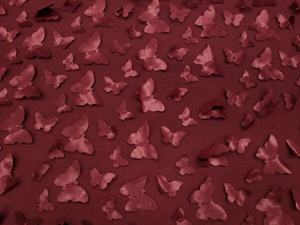 1 Yard 3D Butterfly Embroidered Burgundy Mesh Lace Fabric for Dresses and Crafts