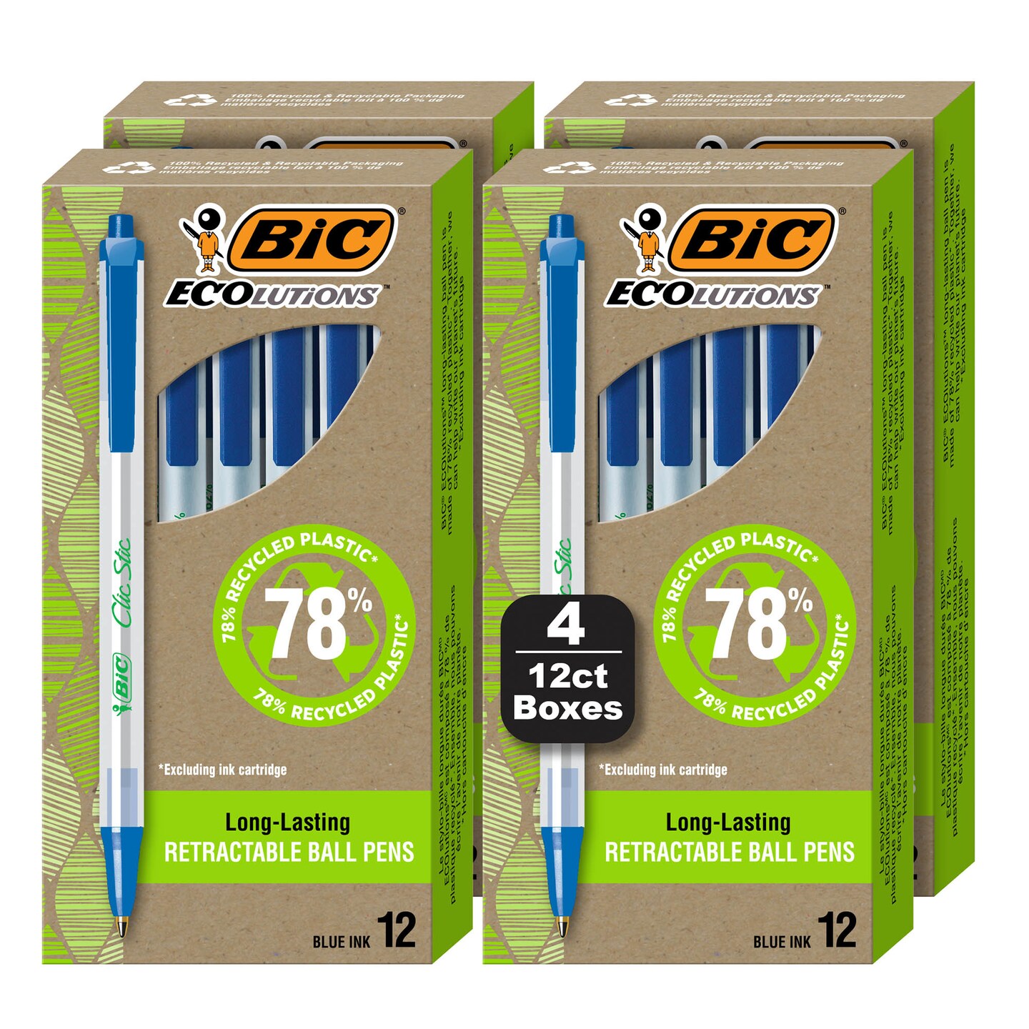 BIC Ecolutions Clic Stic Ballpoint Pens, Medium Point (1.0mm), 48-Count Pack, Retractable Ball Point Pens Made from 78% Recycled Plastic