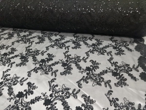 1 Yard Elegant Black Floral Embroidery Lace Mesh Fabric for Wedding Dresses 50 Inch Width