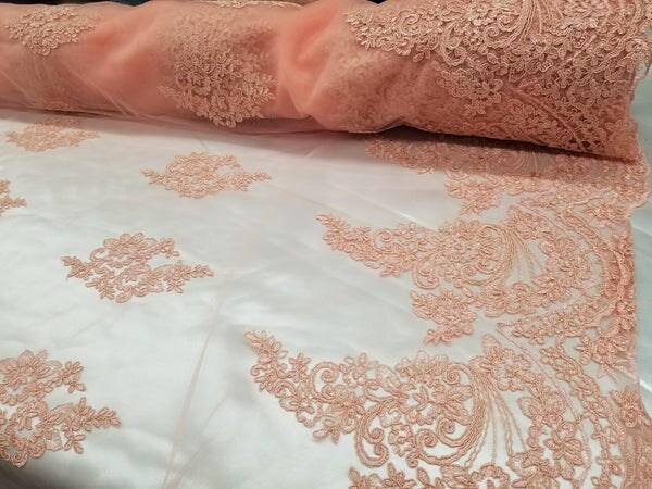 1 Yard Coral French Floral Mesh Lace Fabric for Bridal Dresses and Event Decor 50/54 Inch Width