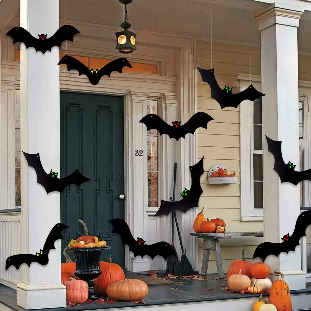 12-Piece Halloween Hanging Bats – 3D Realistic Scary Black Flying Bats, Large Fake Decorations for Indoor and Outdoor Yard, Lawn, and Party Decor (3 Styles)