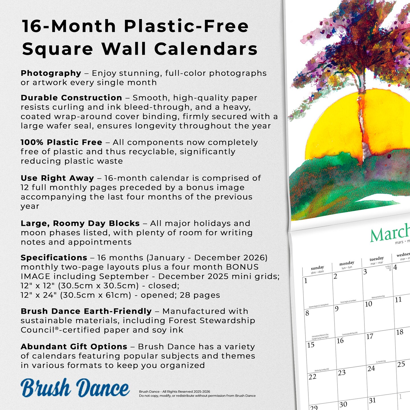 Live with Intention | 2026 12 x 24 Inch (Hanging) Monthly Square Wall Calendar | Featuring the Artwork of Renee Locks | Plastic-Free