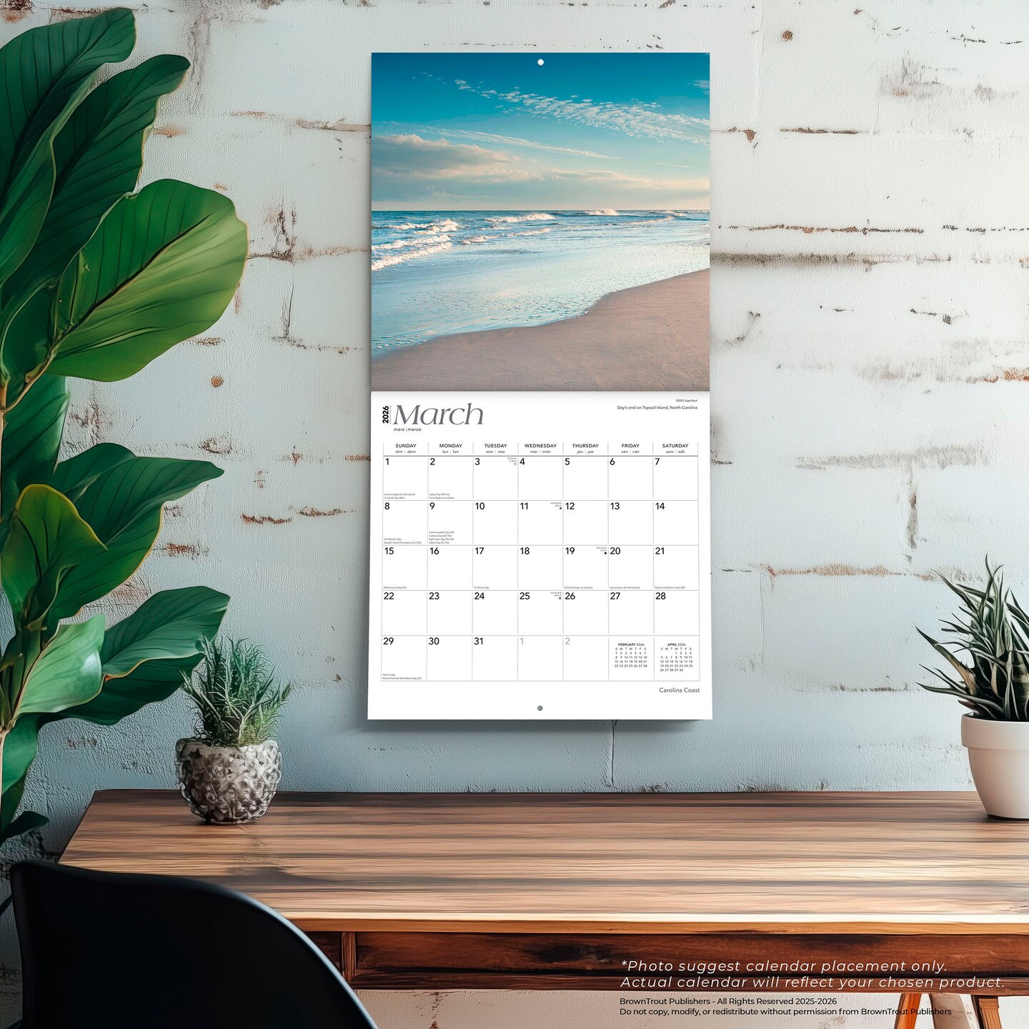 Carolina Coast | 2026 12 x 24 Inch (Hanging) Monthly Square Wall Calendar | Plastic-Free