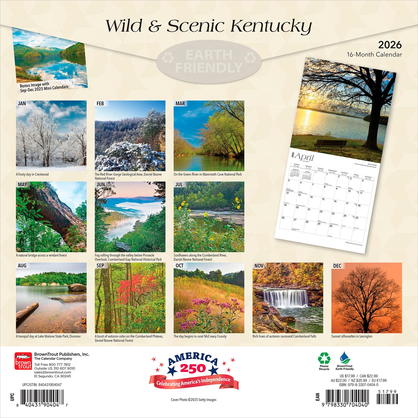 Kentucky Wild &#x26; Scenic | 2026 12 x 24 Inch (Hanging) Monthly Square Wall Calendar | Plastic-Free