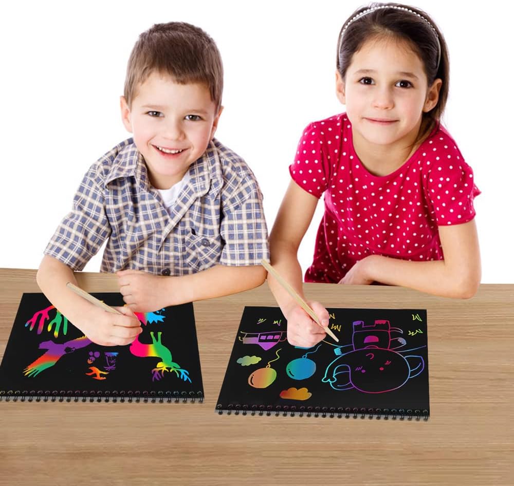 I&Art Scratch Art Books for Kids – Rainbow Scratch Paper Notebooks with Wooden Stylus, Creative Gift for Ages 3+ (Rainbow)
