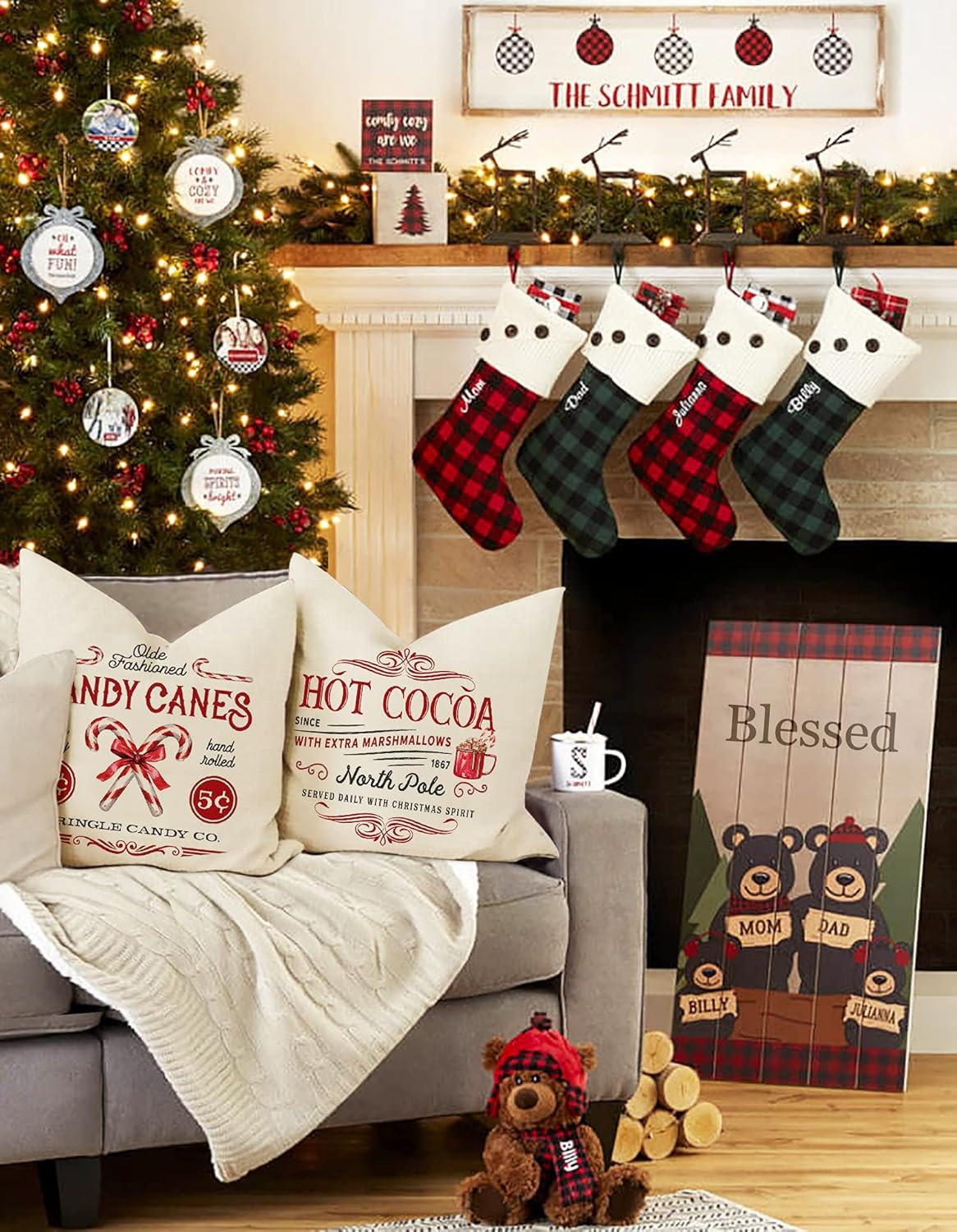Farmhouse Christmas Pillow Covers 18x18 Set of 4 Rustic Winter Holiday Xmas Decor Christmas Decorations Cushion Cases for Couch Tree Candy Canes Cocoa Sleigh Rides (18&#x22;x18&#x22;)