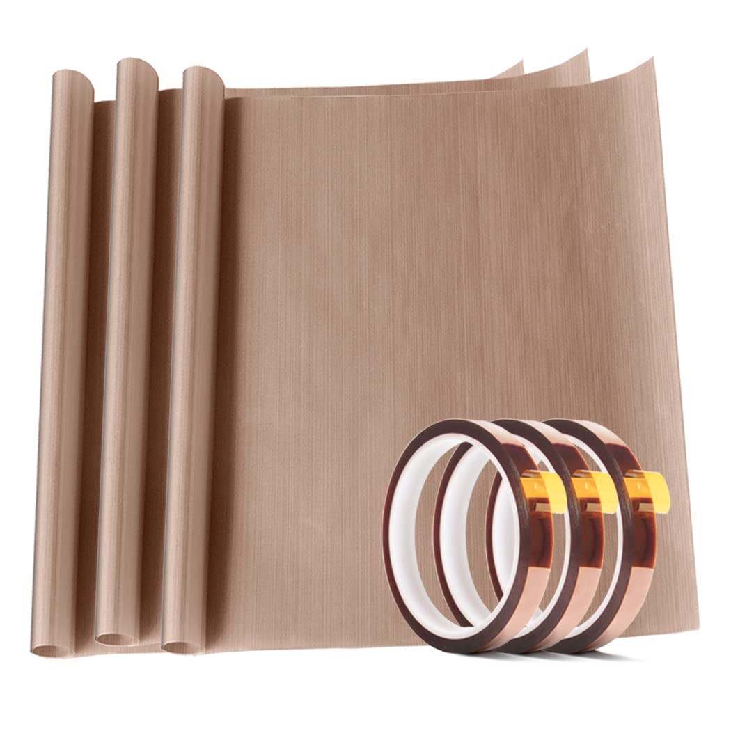 3 Pack PTFE Teflon Sheet 12 x 16&#x22; and 3 Rolls 10mm X 33m Heat Resistant Sublimation Thermal Tape for Heat Press Transfer,Non Stick Paper Reusable Craft Mat,Protects Iron,for Machines