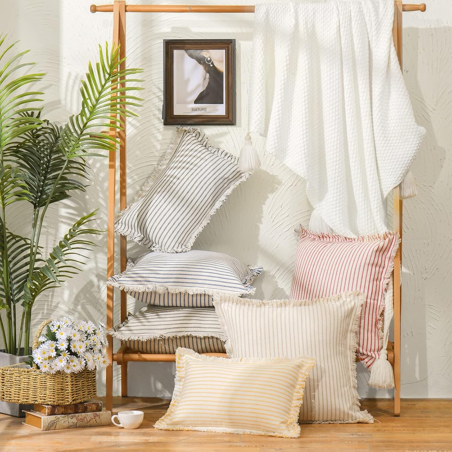 Throw Christmas Pillow Covers 18x18 Set of 2 Striped Pillow Covers with Fringe Chic Cotton Decorative Pillows Square Cushion Covers for Sofa Couch Bed Living Room Farmhouse Decor