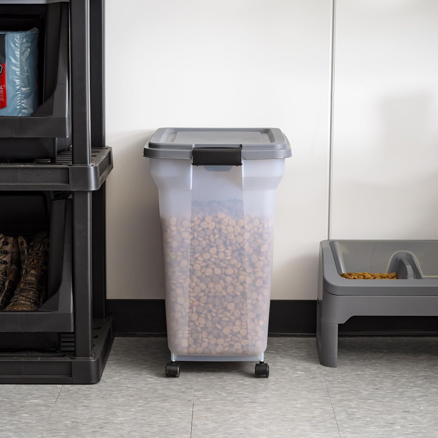IRIS USA Dog Food Storage Container 40 lbs, Attachable Wheels, & Included Scoop, for Dog Cat Birds and other Pets, Dark Gray