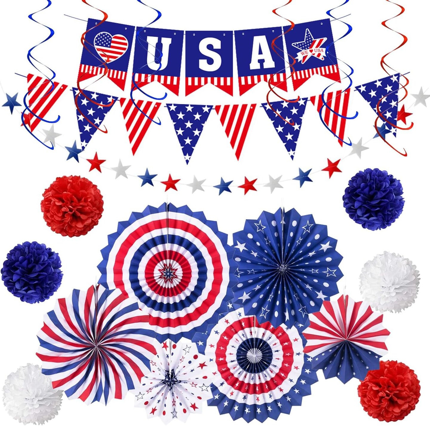 4th of July Patriotic Party Decorations, 6 Paper Fan, 6 Flower Ball, 1 USA Swallowtail Flag, 1 USA Pennant Flag, 1 Star Streamer, 6 Swirl, Independence Day
