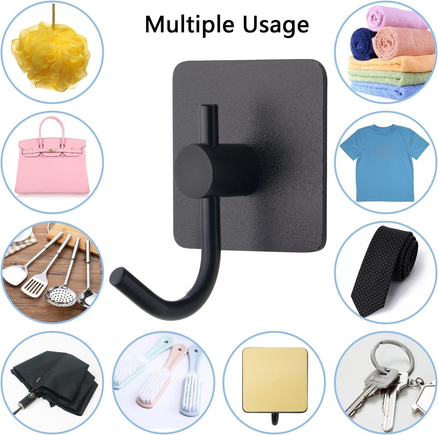 4-Pack Heavy Duty Adhesive Wall Hooks – Waterproof Aluminum Towel, Coat, Hat, Key, and Clothes Hooks for Kitchen, Bathroom, Office, Closet (Black)