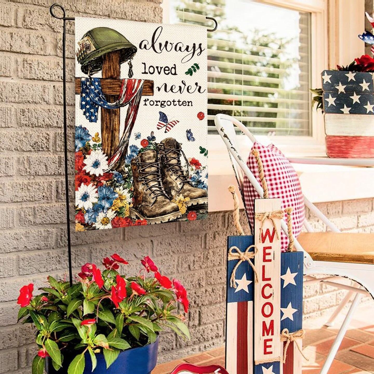 Memorial Day Always Loved Never Forgotten Heroes Garden Flag 12x18 Inch Double Sided, Military Soldiers Boots Patriotic Veteran Yard Outdoor Decoration