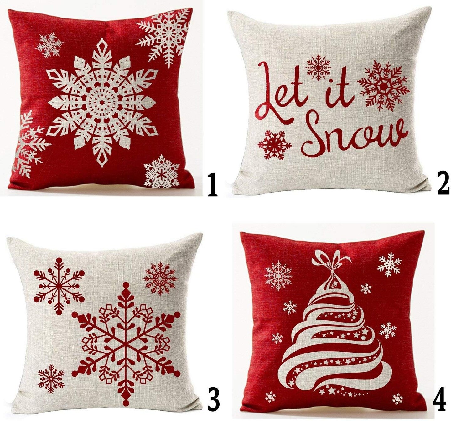 Set of 4 Throw Pillow Cover Christmas Beige Shadow Let It Snow Snowflakes Red Cotton Linen Throw Pillow Case Cushion Cover for Sofa Bed Couch Home Decor Square 18 X 18 Inches(Blood Red)