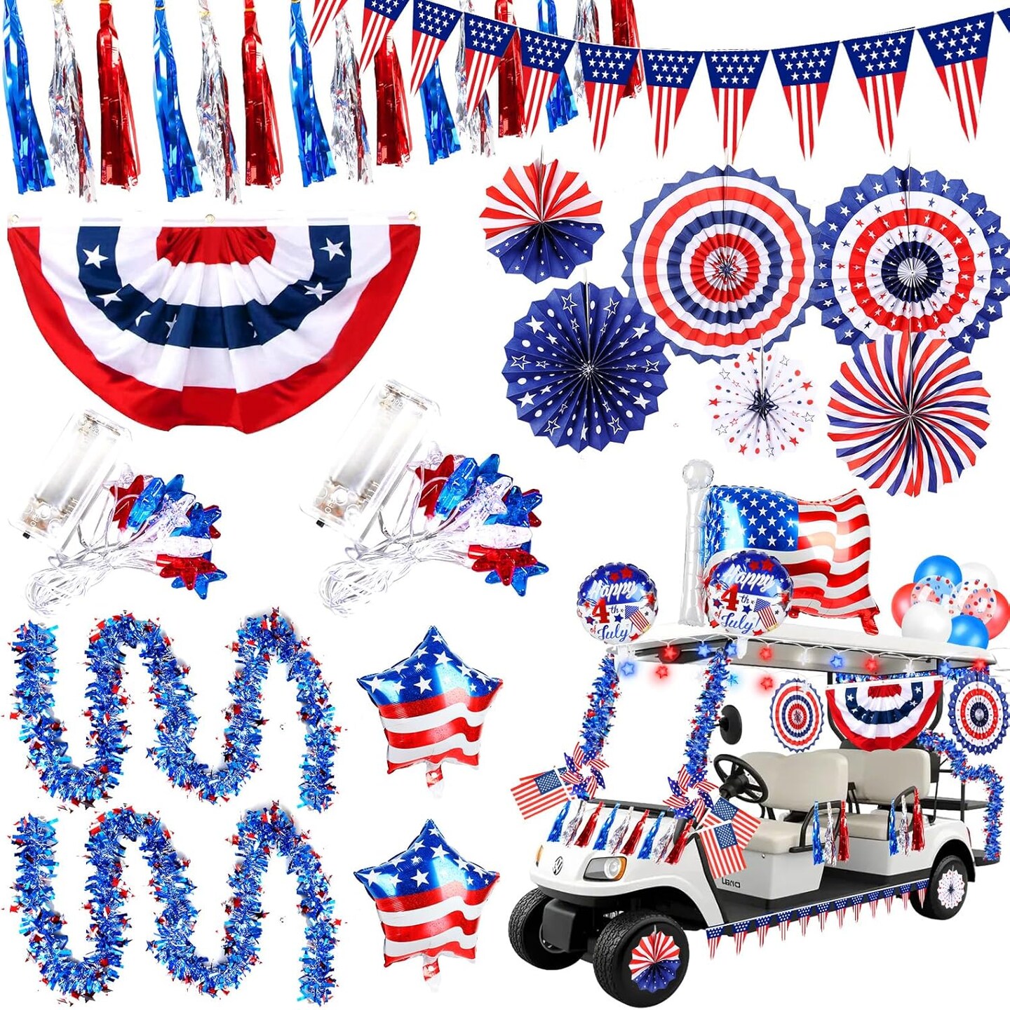 46 PCS 4th of July Golf Cart Decorations, Patriotic Independence Day Decor with Luminous Pentagram Rope, Balloons, Flags, Windmill and Tassel, Used for Outdoor Party