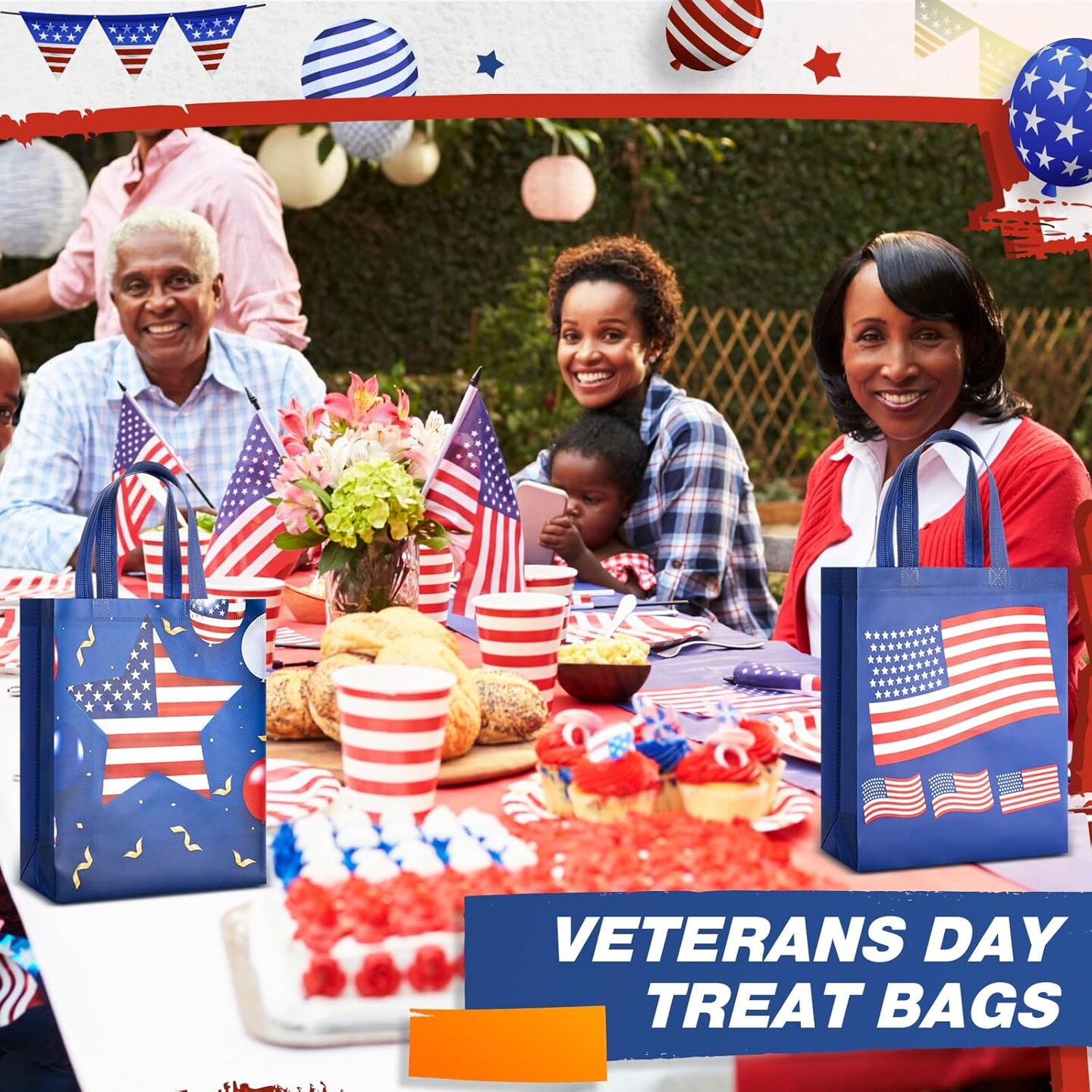 60 Pcs Patriotic Gift Bags Bulk Non Woven American Flag Party Favor Bags with Handles Memorial Day 4th of July Party Supplies