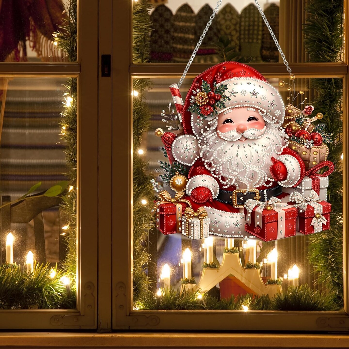 Diamond Art Hanging Kit for Adult,Special Shaped Rhinestone,DIY Acrylic Diamond Art Painting Window Pendants Home Garden Wall Hanging Kits Hanging Ornament,Double Sided. (Father Christmas-1)