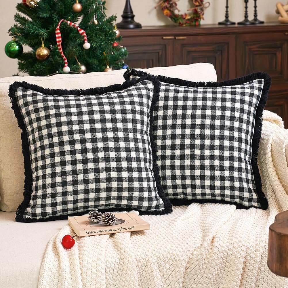 Black and White Christmas Decor Plaid Pillow Covers 18x18 Set of 2 with Tassels, Black Buffalo Plaid Christmas Pillows, Black Christmas Checkered Outdoor Winter Holiday Pillow Covers