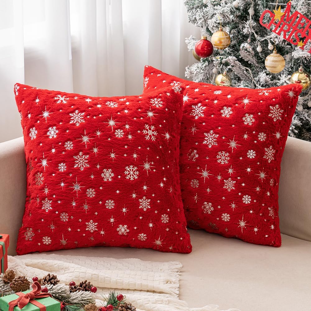 Set of Christmas Decorative Throw Pillow Covers Soft Faux Fur Winter  Pillow Covers with Silver Snowflake Glitter Winter Pillowcases for Couch  Sofa
