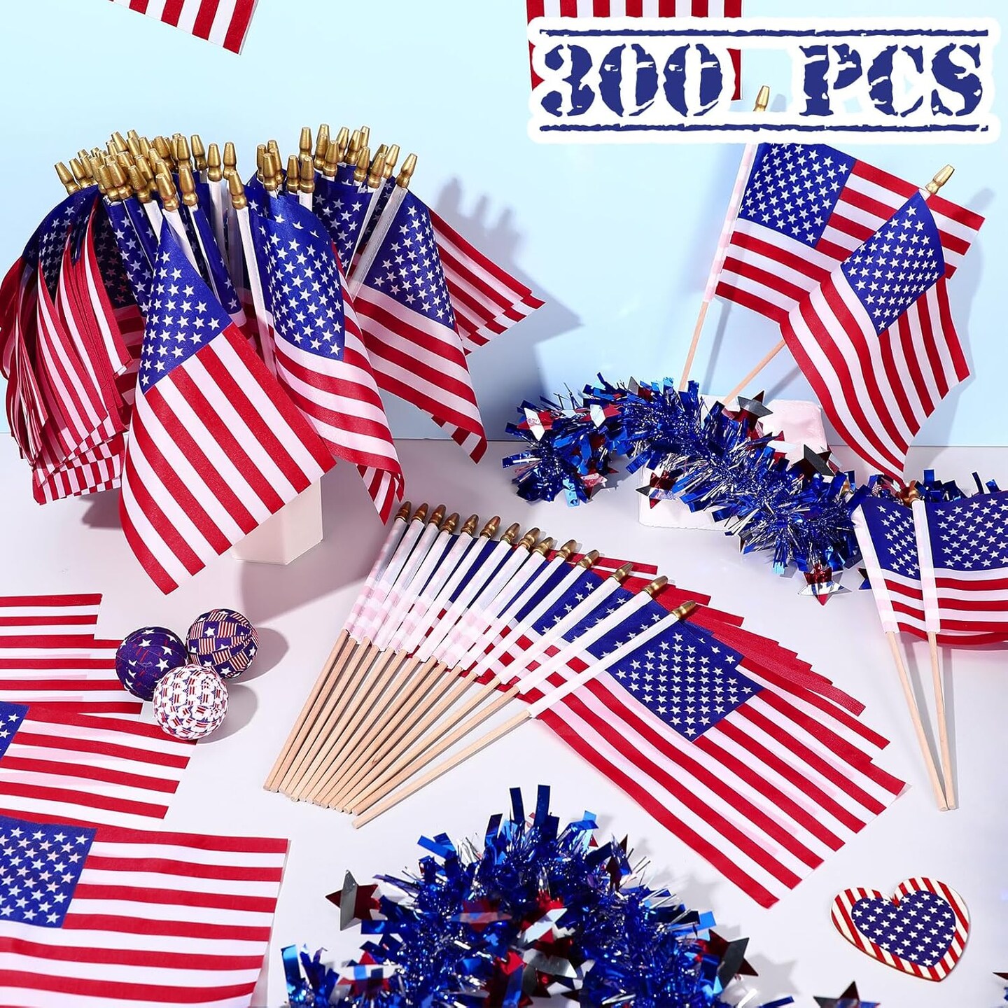 300 Pack Small American Flag on Stick 5 x 8 Inch Mini Handheld US Flag with Solid Wooden Pole Safety Spear Tip for Memorial Day 4th of July