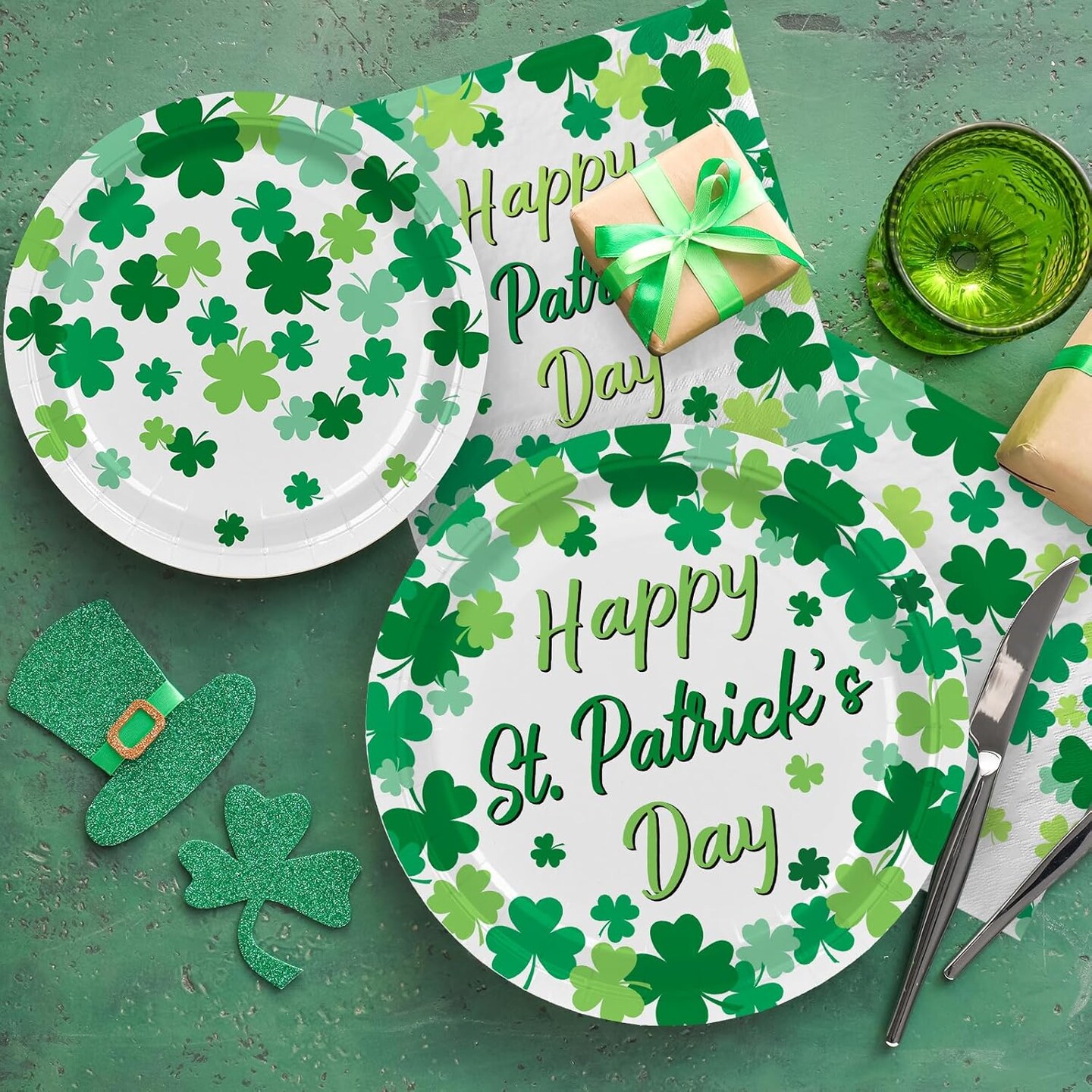 Irish Shamrock Themed Tableware Set, Paper Plates &#x26; Napkins for 50, St. Patrick&#x27;s Day Party Decorations, Disposable, Green, Decorative Plates, Pack