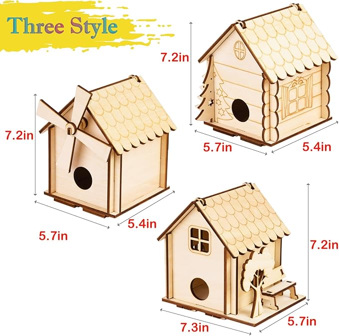 3 Pack Bird House Crafts for Kids Ages 8-12 5-8, DIY Wooden Arts and Crafts Kit for Children to Build, Make Your Own Birdhouse, Summer Painting Activities Crafts Gifts Outdoor Toys for Boys Girls