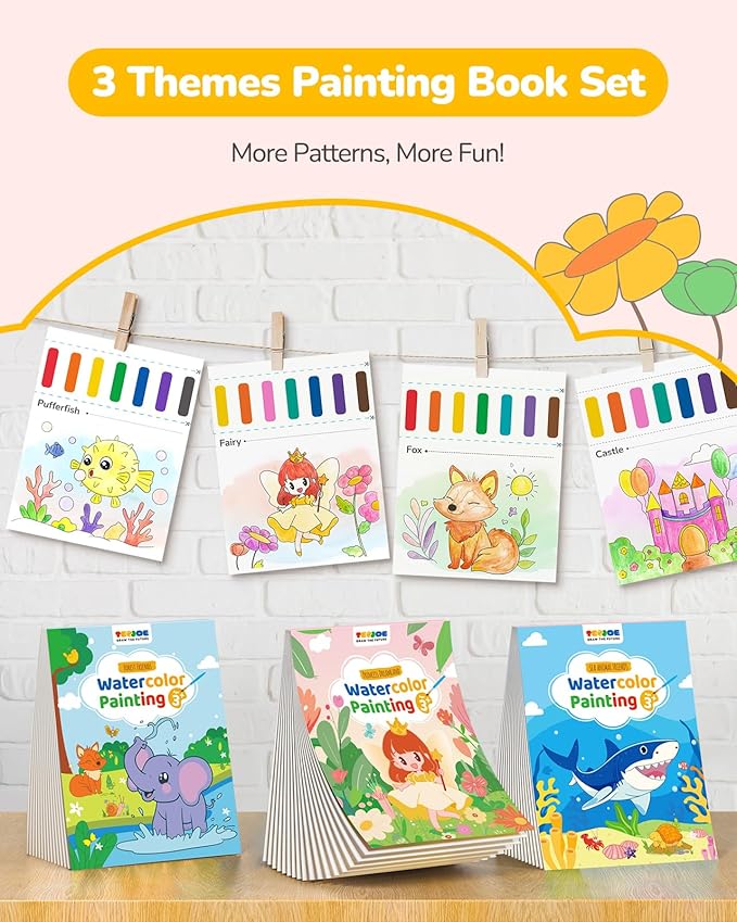 3 Pack Paint with Water Coloring Books for Toddlers, Watercolor Paint Set with 6 Brushes, Painting Activity for Kids Ages 4 5 6 7 8, Christmas Gift Arts &#x26; Crafts Toy, Princess, Forest &#x26; Sea