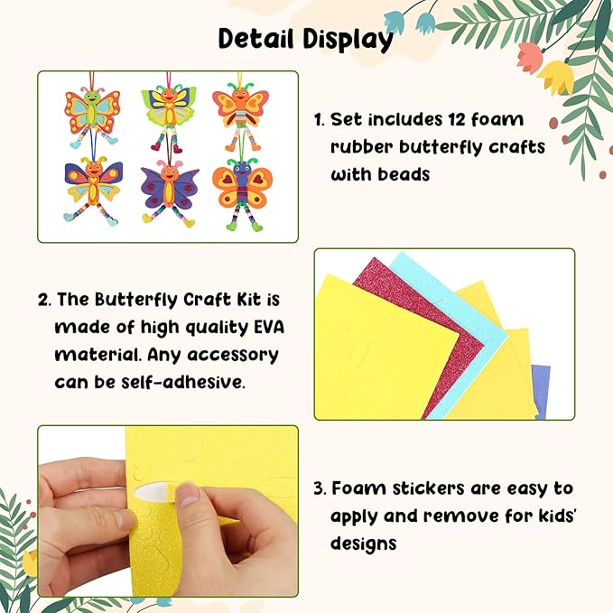 12 Pack Butterfly Craft for Kids Make Your Own Butterfly Foam Stickers with Beads DIY Arts and Crafts for Kids Boys Girls Party Favor Summer Fall Decoration Birthday Gifts
