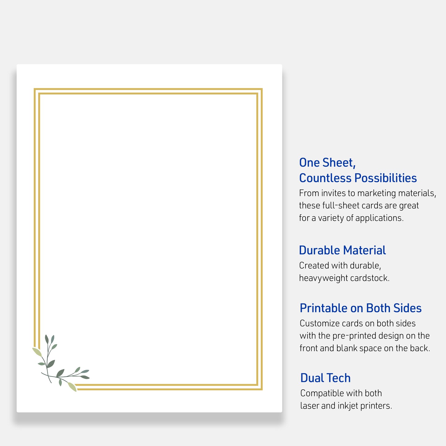 Avery Printable Full-Sheet Cardstock, Gold Double Border with Florals, 8.5&#x22; x 11&#x22;, Matte White Full-Sheet Cardstock, Laser/Inkjet, 10ct, Great for Craft Cardstock Paper