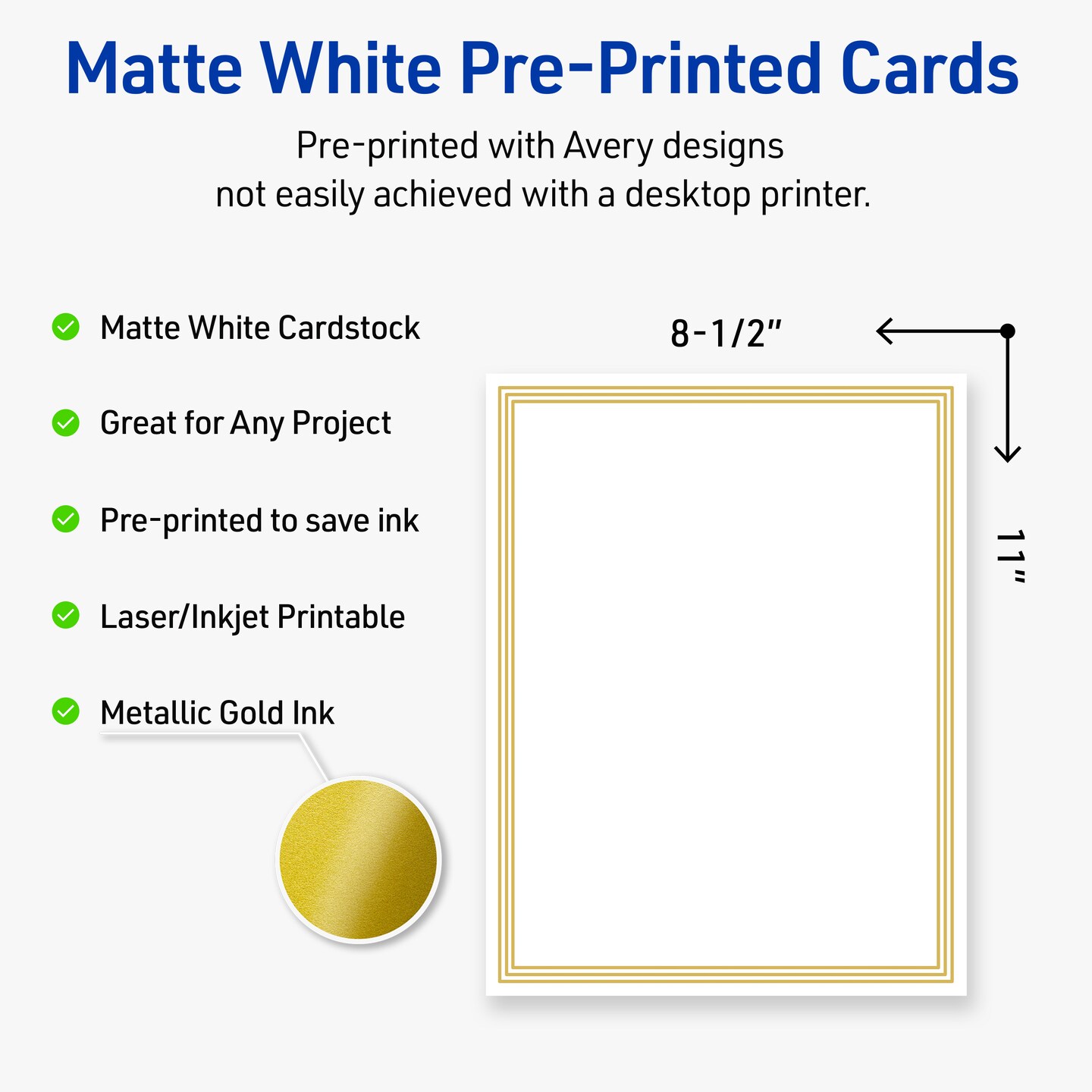 Avery Printable Full-Sheet Cardstock, Gold Multi-Lined Border, 8.5&#x22; x 11&#x22;, Matte White Full-Sheet Cardstock, Laser/Inkjet, 10ct, Great for Craft Cardstock Paper