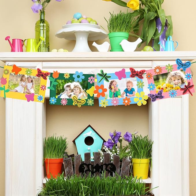232 Pieces Spring DIY Picture Frames Craft Kit for Kids 32 Pieces Spring Felt Photo Frames with 200 Flower Dragonfly Butterfly Foam Stickers for Party Favor Home Classroom