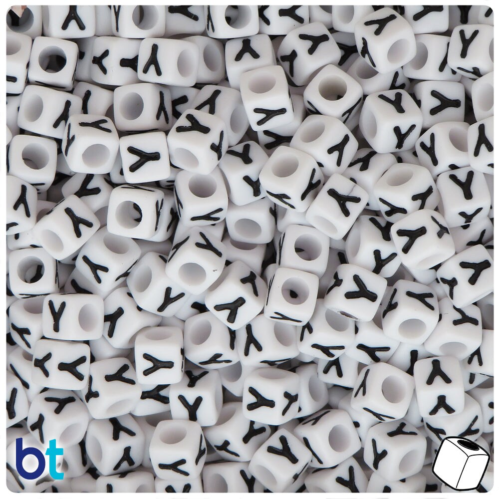 BeadTin White Opaque 7mm Cube Plastic Alpha Beads - Black Letter Y (75pcs)