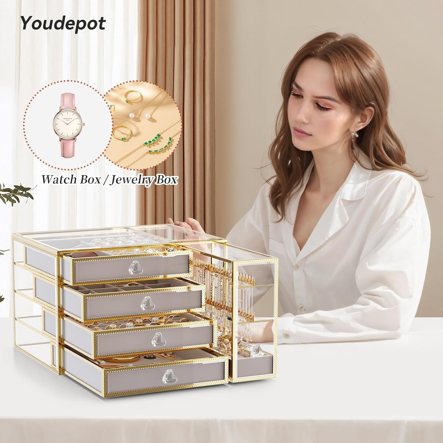 Jewelry Box Tempered Glass 5-Drawer Jewelry Organizers and storage, Large Jewelry Boxes & Organizers With Velvet Necklaces Earring Organizer.