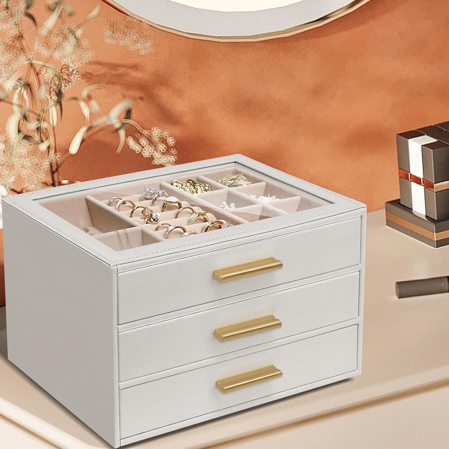 Jewelry Box for Women, Glass Lid Leather Jewelry Organizers and Storage with 3 Drawers, Large Capacity for Necklaces, Earrings, Rings, Bracelets, Modern Style (White)