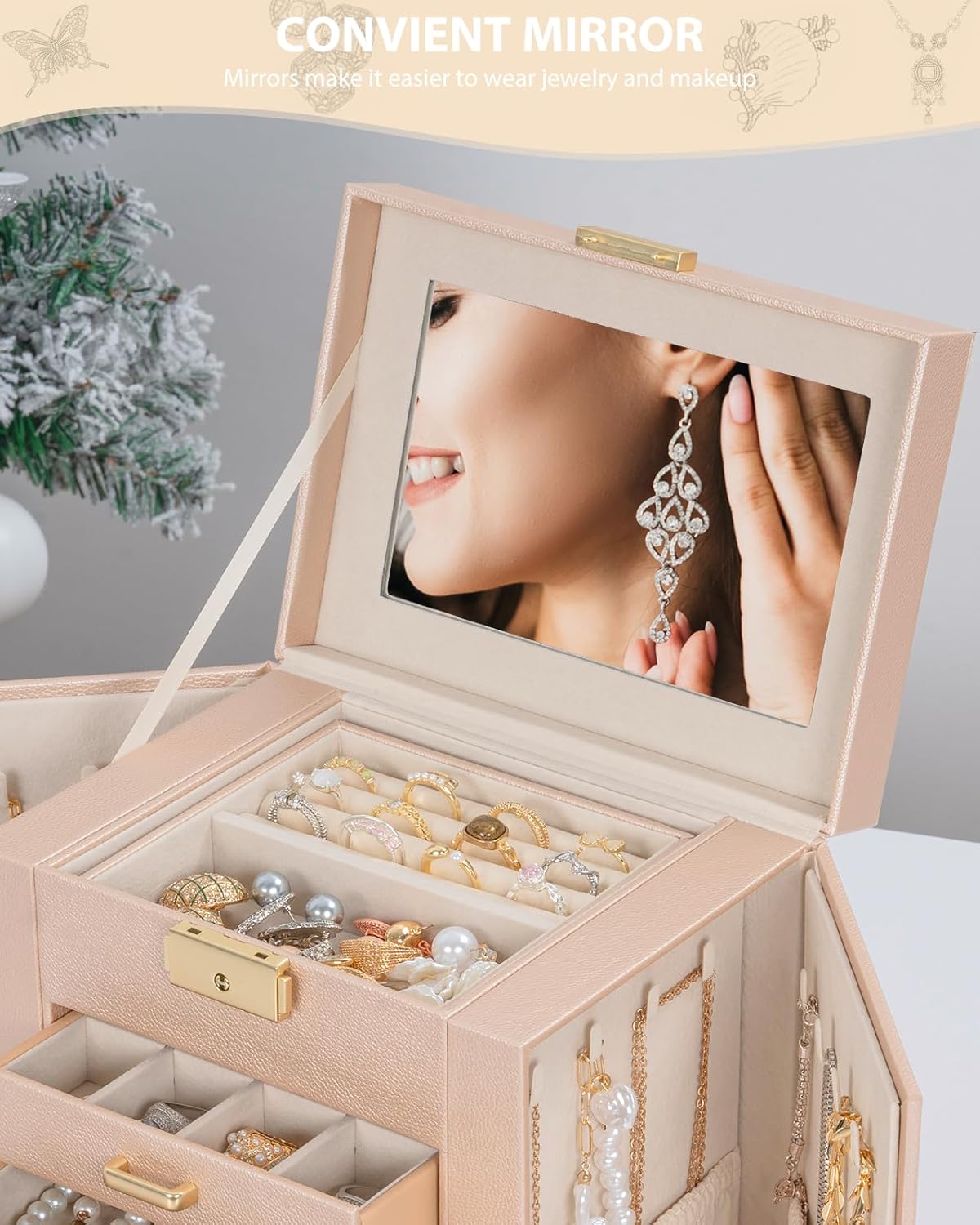 4-Tier Jewelry Box Leather Jewelry Storage Organizer with 3 Drawers Lockable for Women Girls Ring Necklace Earring Bracelet Watches Holder with Mirror Champagne