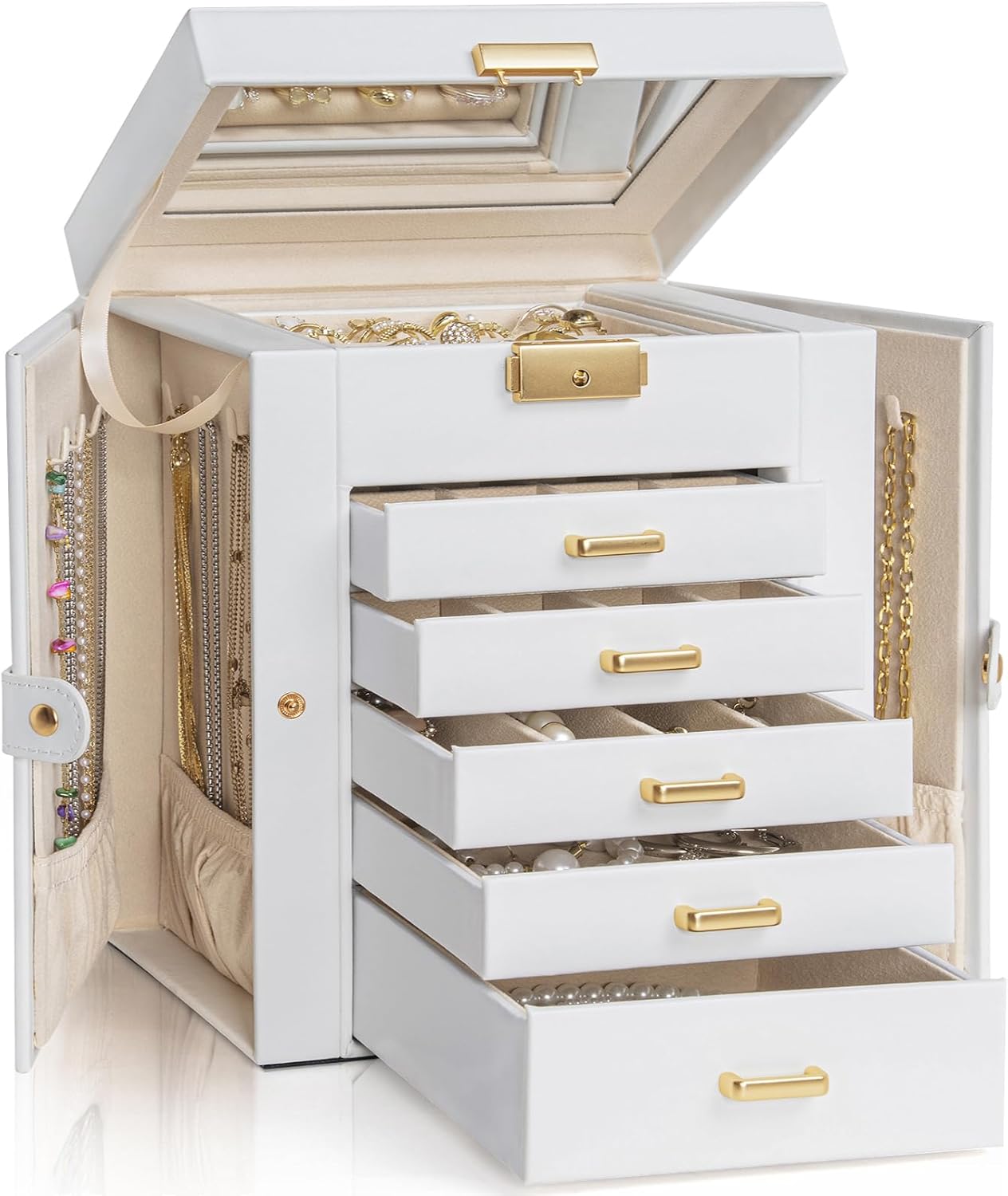 6-Tier Jewelry Box Lockable Leather Jewelry Storage Case with 5 Drawers for Women Girls Ring Necklace Earring Bracelet Holder Organizer with Mirror