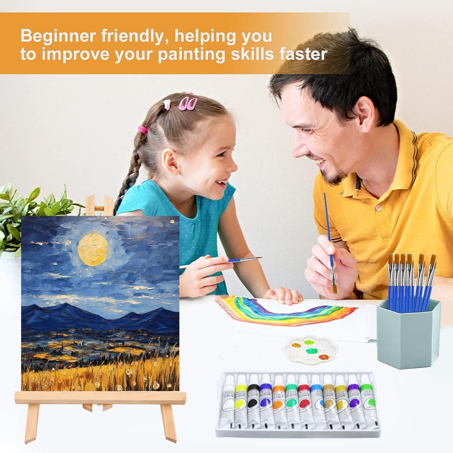 208 Pack Canvas Painting Kit for Adults Kids, 12 Color Acrylic Paint Set with 16 Canvas 8 Wood Easels 8x10 Size Brushes 8 Palettes, Sip and Paint Party Supplies Kit Canvas and Easel Set for Party