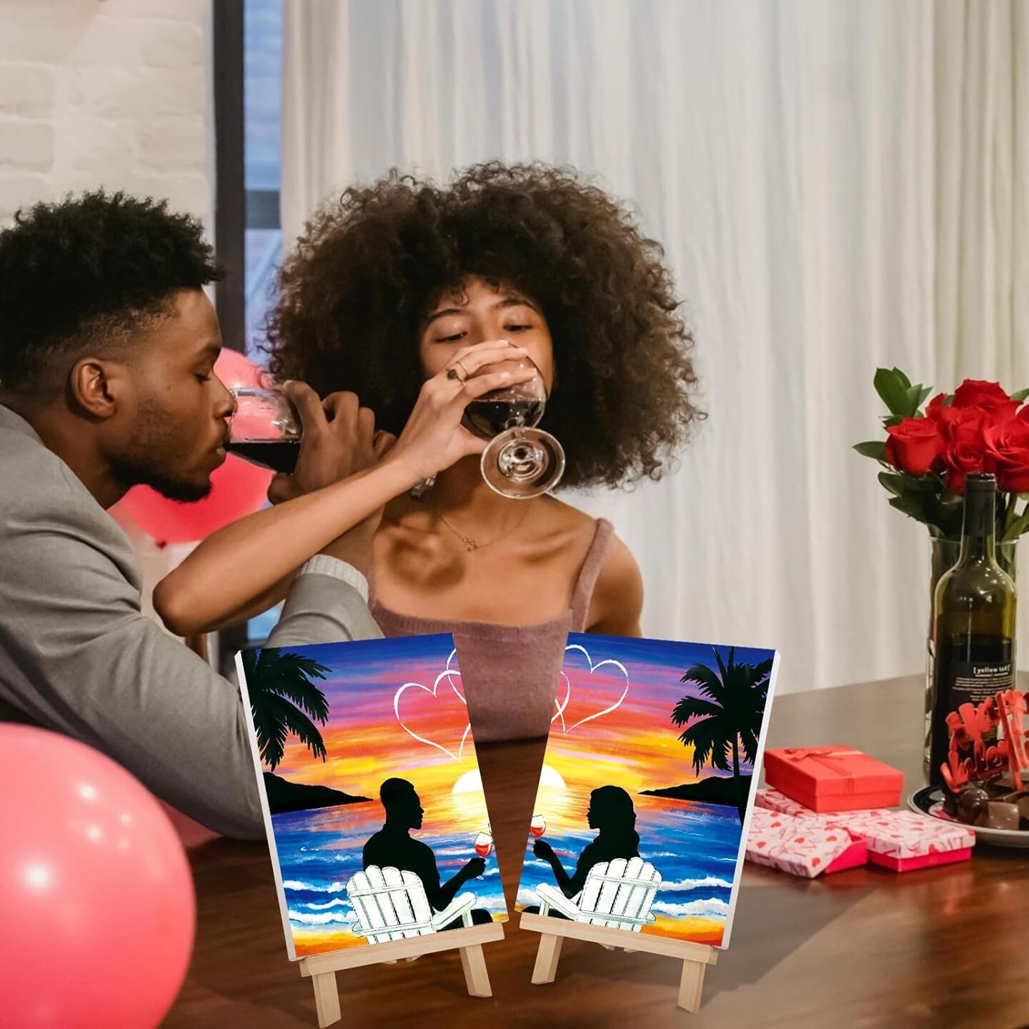 Sip and Paint Kit,Pre Drawn Canvas Couples Paint Party Kit Painting Art Set for Adults Date Night Sunset Beach Lovers 2 Pack
