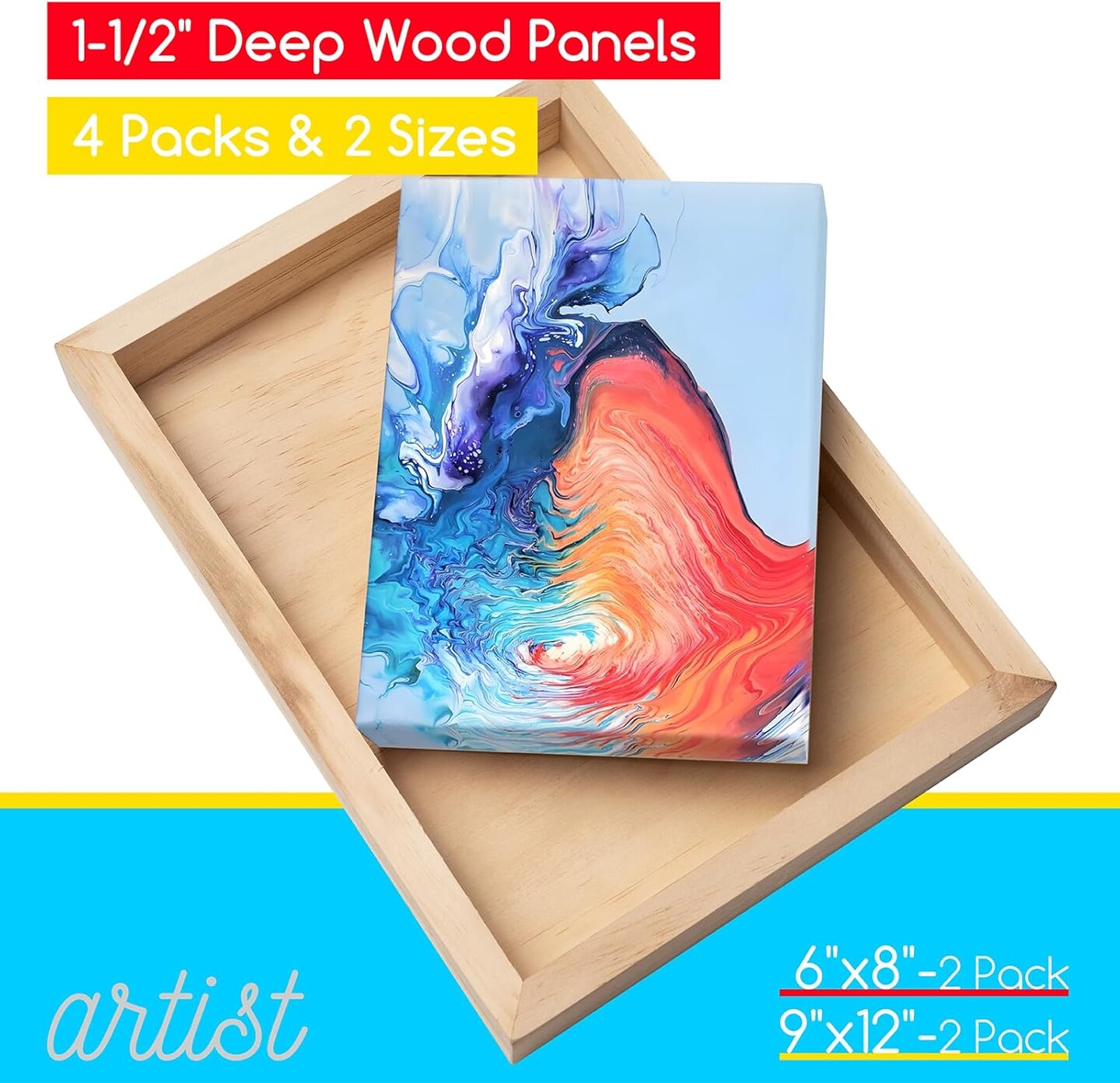 Unfinished Wood Canvas Kit: 1-1/2" Deep 6x8 9x12 Wooden Canvas Panel - 4 Pcs of Cradled Wood Art Boards for Pouring Art, Crafts, Painting