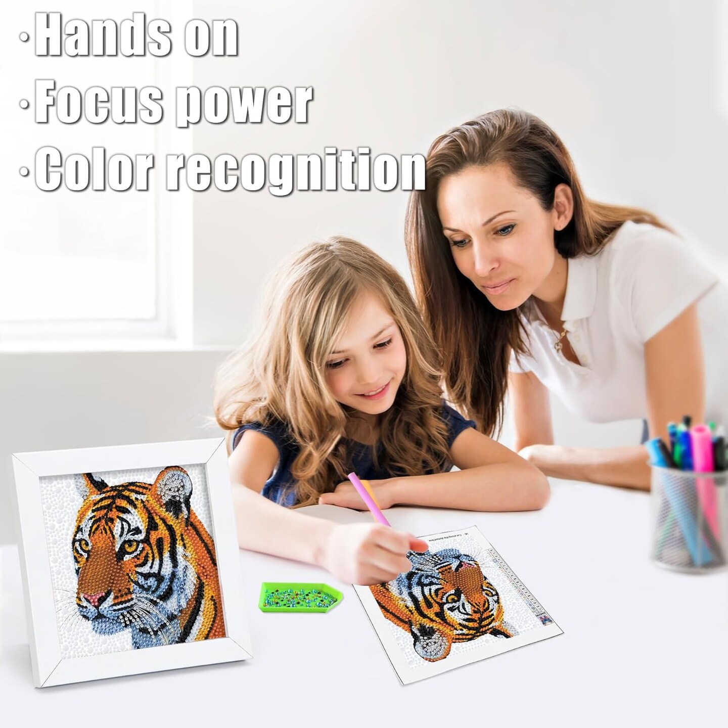 Diamond Art Kits for Kids Ages 8-12,6 Inch DIY Gem Art Painting with 7 Inch Frame, Complete Starter Kit for Beginners, Creative Arts & Crafts Gift for Girls & Boys (Tiger)