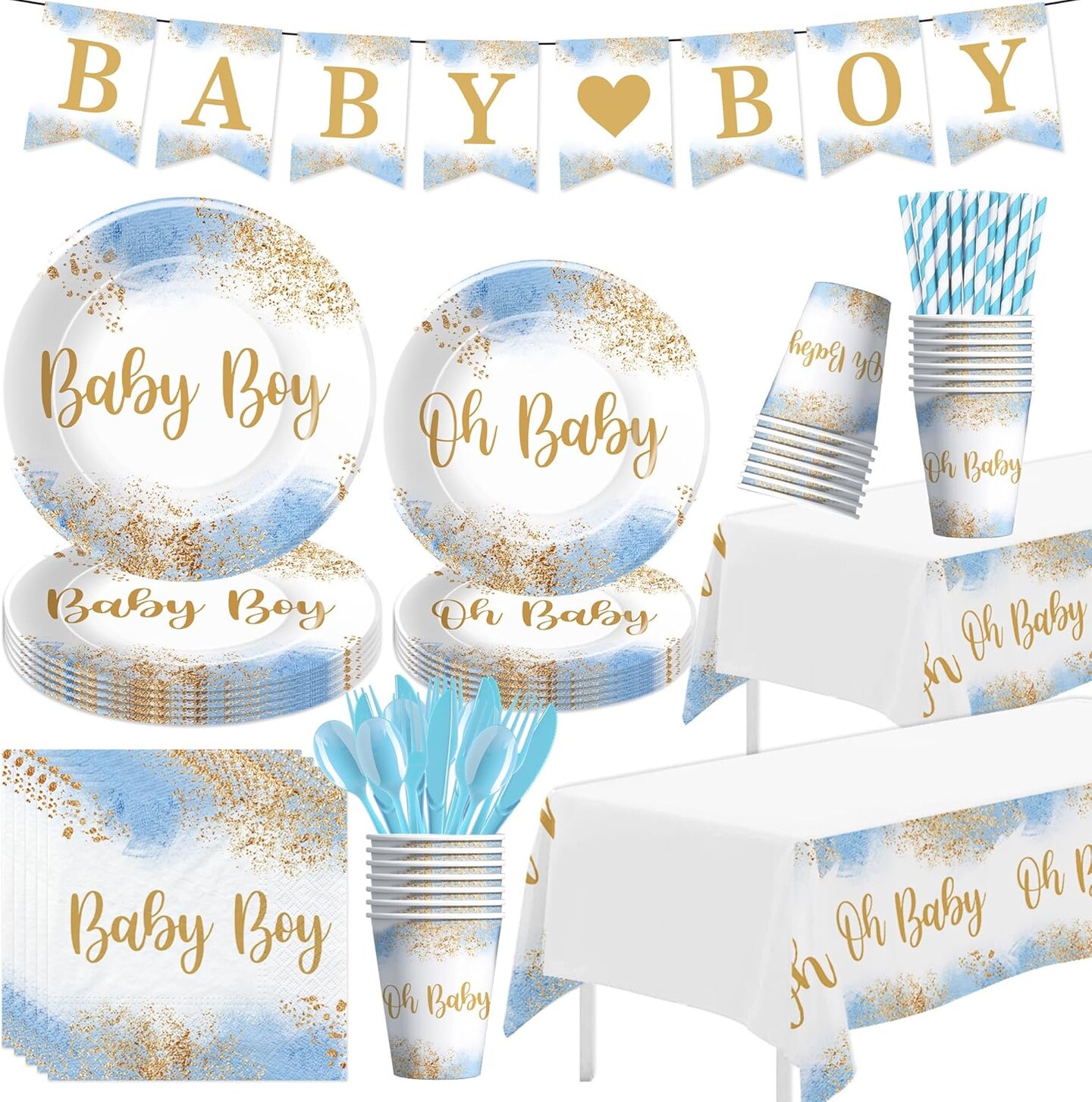Dusty Blue Baby Boy Shower Decorations & Tableware Set – Serves 24 Guests