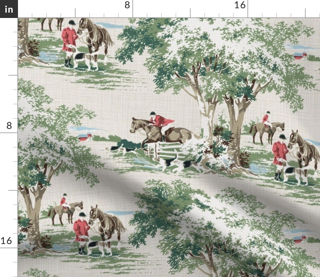 Equestrian Toile Fox Hunting English Traditional Hunt Pony Horse Master Green Beige Red Custom Printed Fabric by Spoonflower Various Fabrics by the Yard or Fat Quarter