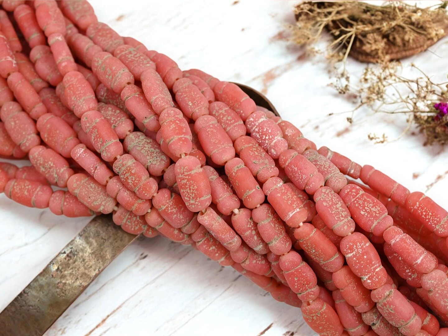14x8mm Rustic Aged Coral Pink Indonesian Java Glass &#x22;Bottle&#x22; Beads (18&#x22; Strand)