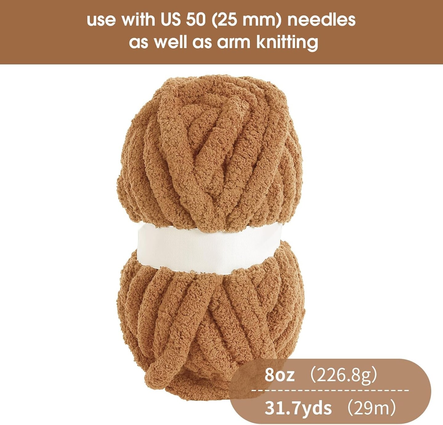 #10 Chunky Chenille Yarn for Crocheting – Super Bulky 3/4" Thick Soft Plush Yarn for Hand Knitting & Arm Knitting – 8 Skein Pack (27 yds / 8 oz Each) – Multi Assorted Khaki & Coffee