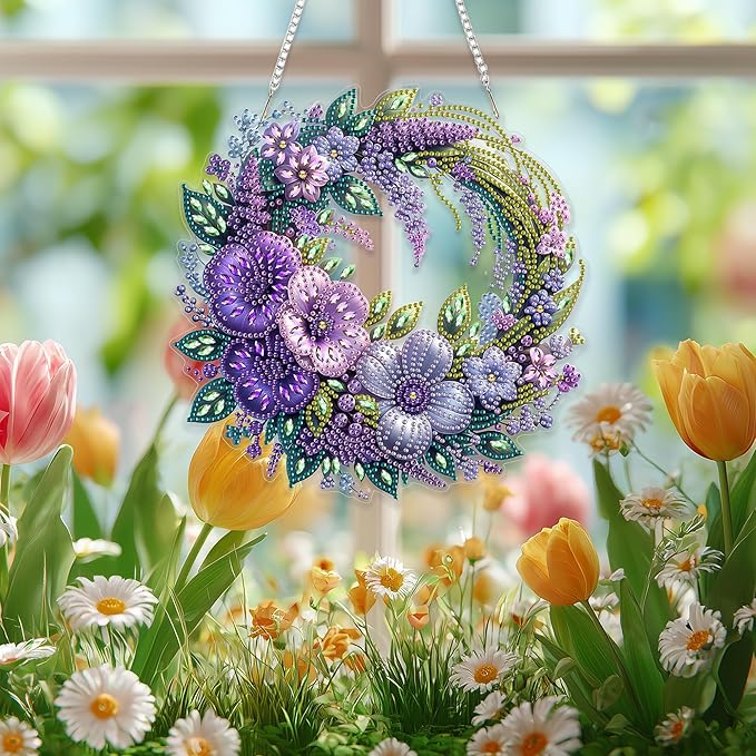 Spring Diamond Art Hanging Kit for Adults, DIY Diamonds Painting Door Hanging Board Kit, Special Crystal Diamond Art Painting Pendant Ornament (Flower Wreath)