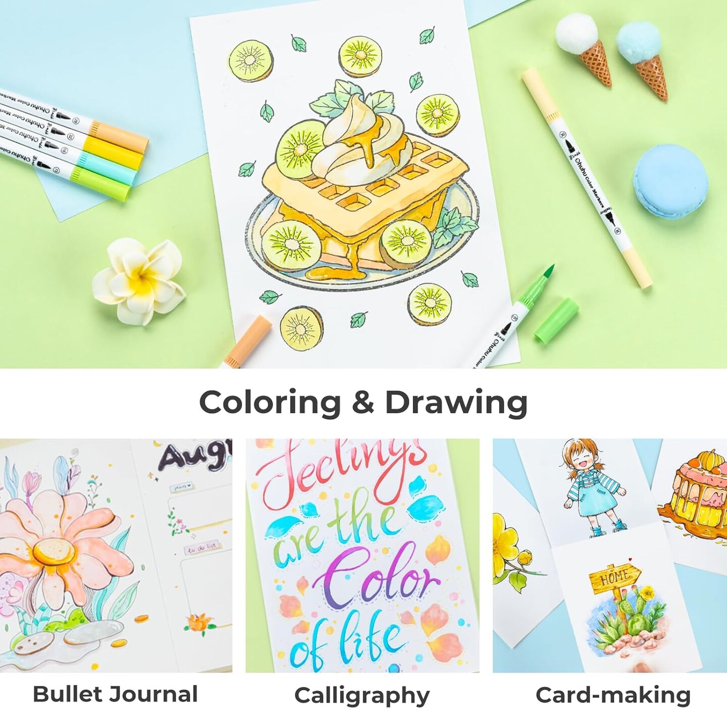 No-Bleed Water-Based Dual Tips (Fineliner & Brush) | Coloring Markers for Kids & Adults | Sketching, Journaling & Art – Maui Collection