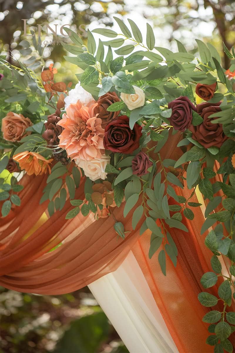 Orange Ceremony Reception Hanging Eucalyptus Rose Arbor Arrangement Outdoor Party Floral Swag