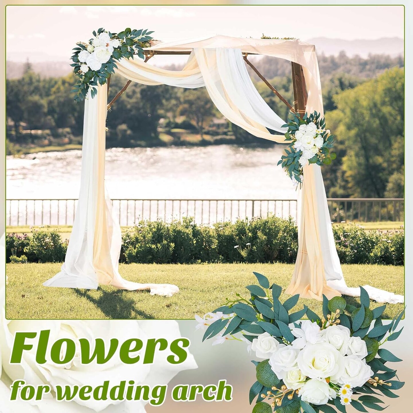 4 Pcs Wedding Arch Flowers and Drape Kit Include 2 Artificial Floral Swag and 2 White Chiffon Drapes
