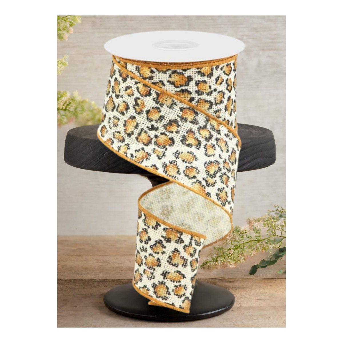 2.5&#x22; Metallic Leopard Print Burlap Ribbon: Off White (10 Yards)